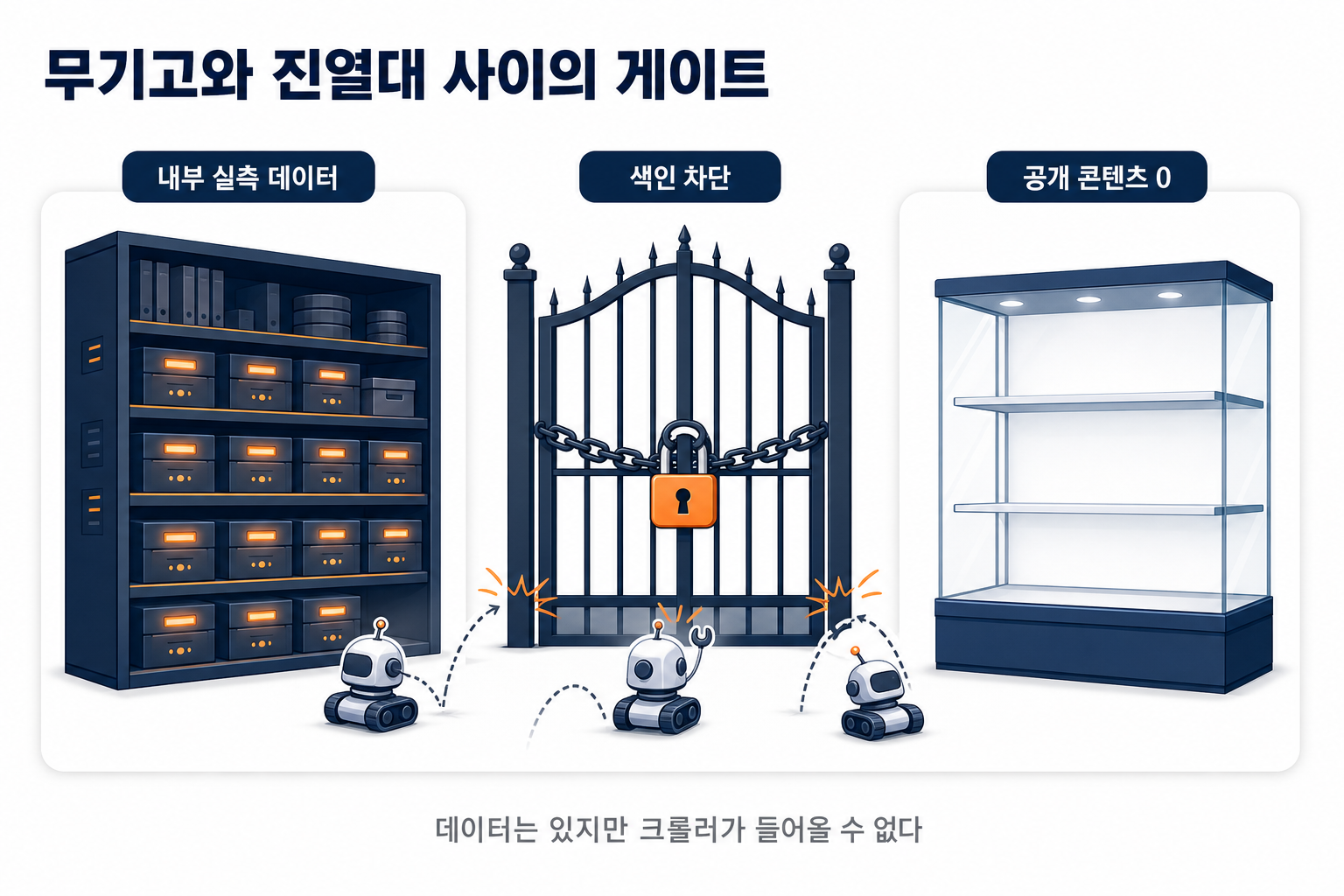 가득 찬 내부 데이터 선반과 텅 빈 공개 진열대 사이에 자물쇠로 잠긴 게이트가 있고, 크롤러 로봇들이 게이트에 막혀 튕겨 나오는 도해
